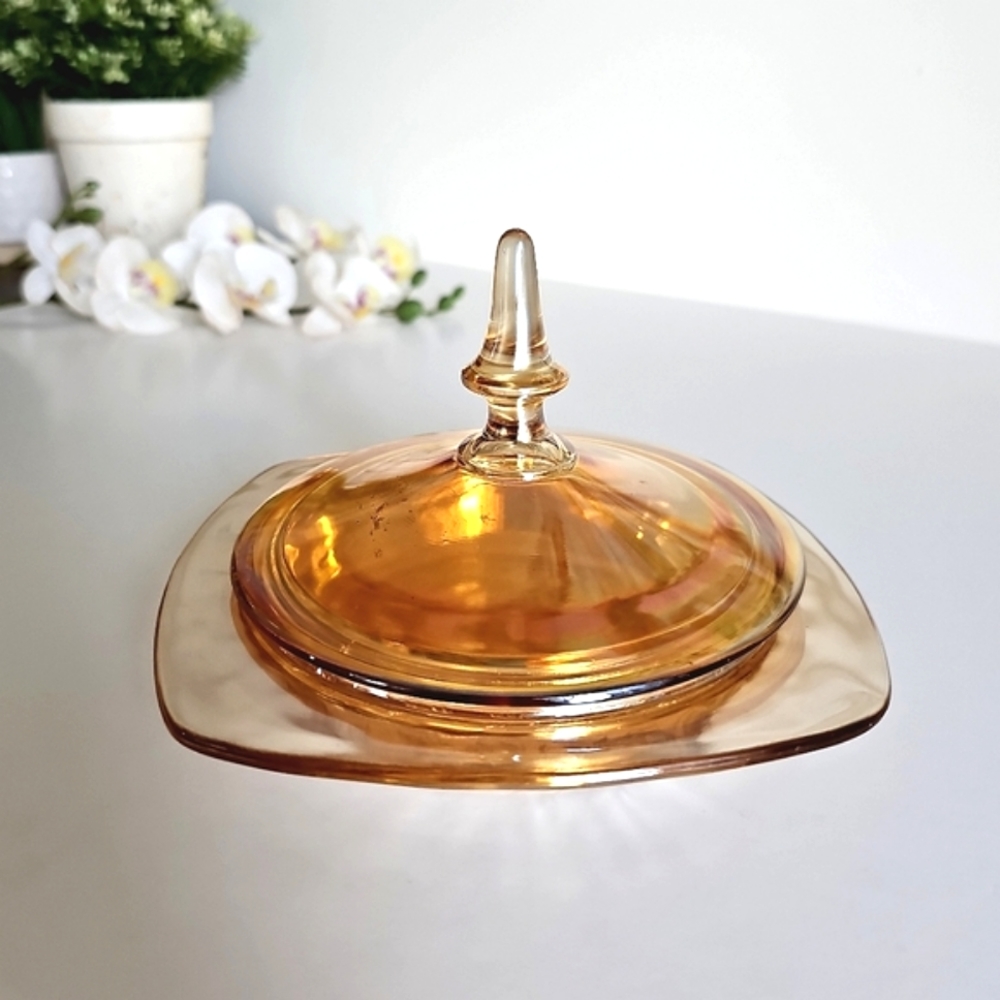 Rare Fostoria Royal Amber Floral Etched Covered Dish 1930s Iridescent Glass